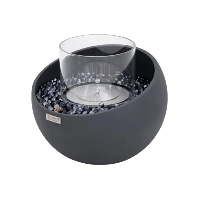 FIRENZE Bio-Kamin – Rund, Schiefer-Schwarz mit Glas, Bronze-Steinen FIRENZE Bioethanol Schale S – Schiefer Schwarz