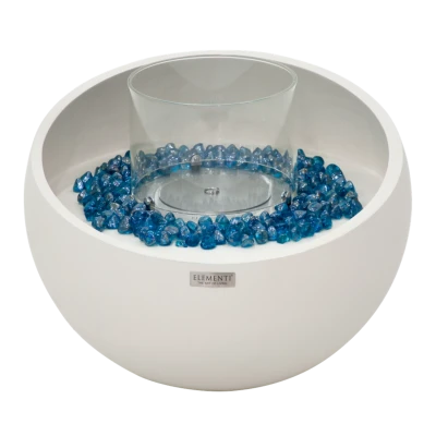 FIRENZE Bio-Kamin – Runde Cremeweißeschale mit Glas & Blauen Steinen FIRENZE Bioethanol Feuerschale – Cremeweiß